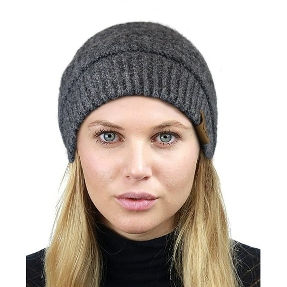 C.C Unisex Chunky Soft Stretch Cable Knit Warm Fuzzy Lined Skully Beanie, Heather Charcoal with Hair Tie