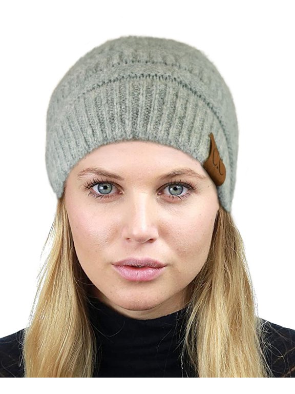 Unisex Chunky Soft Stretch Cable Knit Warm Fuzzy Lined Skully Beanie, Heather Mint with Hair Tie