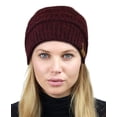 thumbnail image 1 of C.C Unisex Chunky Soft Stretch Cable Knit Warm Fuzzy Lined Skully Beanie, Heather Wine with Hair Tie, 1 of 5