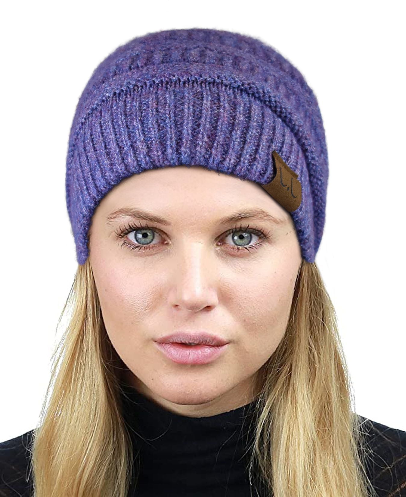 C.C Unisex Chunky Soft Stretch Cable Knit Warm Fuzzy Lined Skully