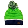 thumbnail image 1 of C.C Unisex College High School Team Color Two Tone Pom Pom Knit Beanie Hat, Action Green/Navy, 1 of 3
