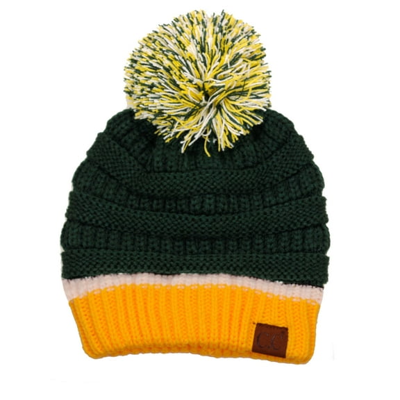 C.C Unisex College High School Team Color Two Tone Pom Pom Knit Beanie Hat, Dark Green/Gold