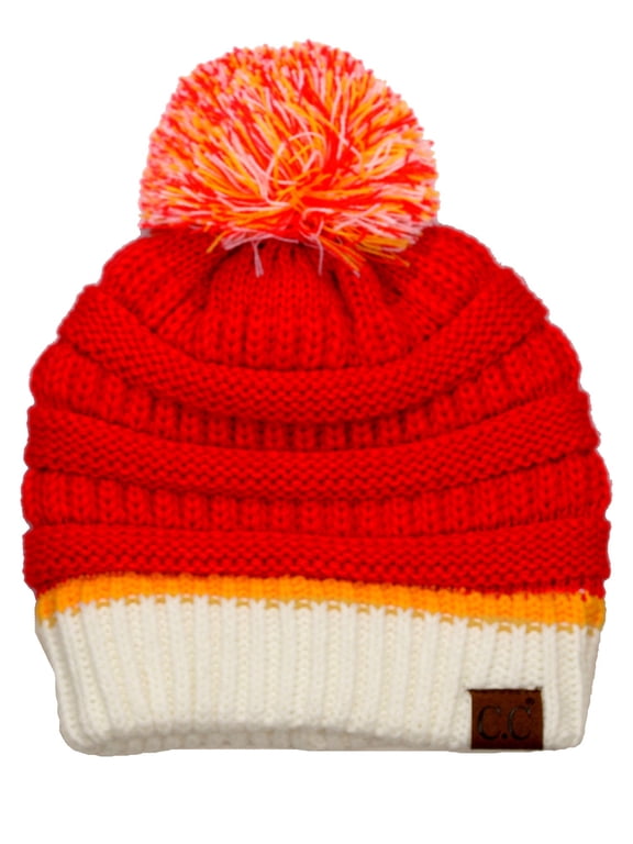 Unisex College High School Team Color Two Tone Pom Pom Knit Beanie Hat, Red/White/Gold