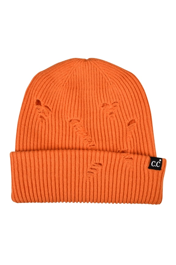 Unisex Plain Cuff Skull Cap Winter Knit Beanie Hat, Distressed Orange Tiger