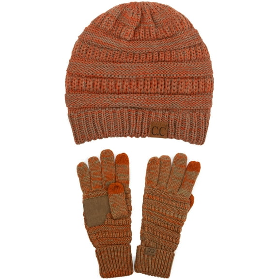 C.C Unisex Soft Stretch Cable Knit Beanie and Anti-Slip Touchscreen Gloves 2 Pc Set 2 Pc Set, 2 Tone Rust/Camel