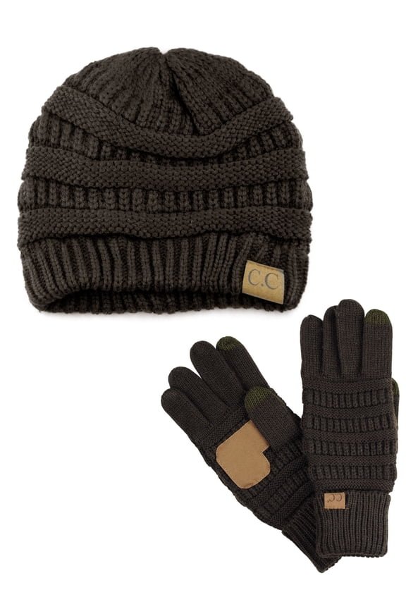 Unisex Soft Stretch Cable Knit Beanie and Anti-Slip Touchscreen Gloves 2 Pc Set, Brown