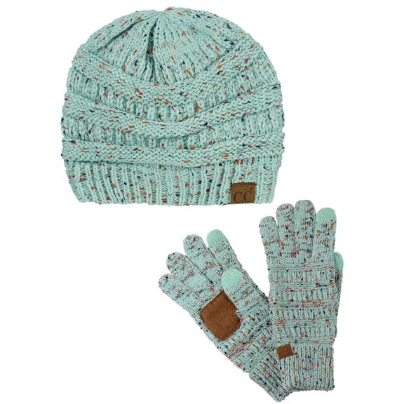 C.C Unisex Soft Stretch Cable Knit Beanie and Anti-Slip Touchscreen Gloves 2 Pc Set, Confetti Mint