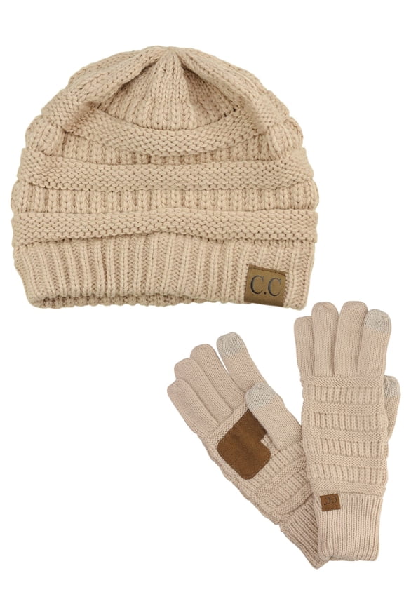 Unisex Soft Stretch Cable Knit Beanie and Anti-Slip Touchscreen Gloves 2 Pc Set, Dark Beige