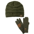 thumbnail image 1 of C.C Unisex Soft Stretch Cable Knit Beanie and Anti-Slip Touchscreen Gloves 2 Pc Set, Dark Olive, 1 of 3