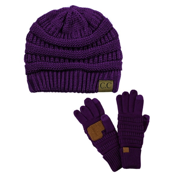 C.C Unisex Soft Stretch Cable Knit Beanie and Anti-Slip Touchscreen Gloves 2 Pc Set, Dark Purple