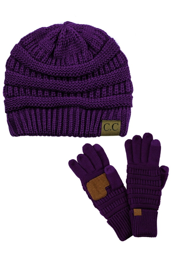 Unisex Soft Stretch Cable Knit Beanie and Anti-Slip Touchscreen Gloves 2 Pc Set, Dark Purple