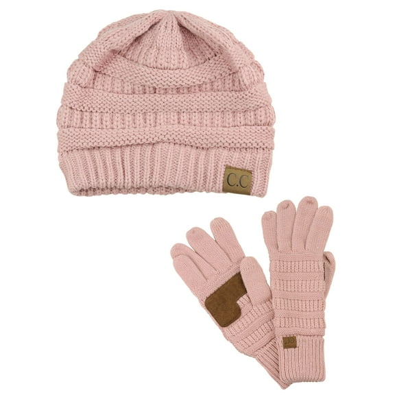 C.C Unisex Soft Stretch Cable Knit Beanie and Anti-Slip Touchscreen Gloves 2 Pc Set, Indi Pink