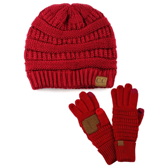 C.C Unisex Soft Stretch Cable Knit Beanie and Anti-Slip Touchscreen Gloves 2 Pc Set, Red