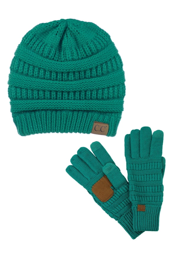 Unisex Soft Stretch Cable Knit Beanie and Anti-Slip Touchscreen Gloves 2 Pc Set, Sea Green