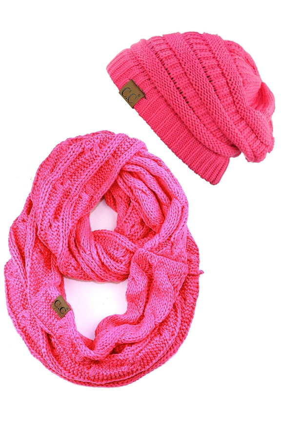Unisex Soft Stretch Chunky Cable Knit Beanie and Infinity Loop Scarf Set, Candy Pink
