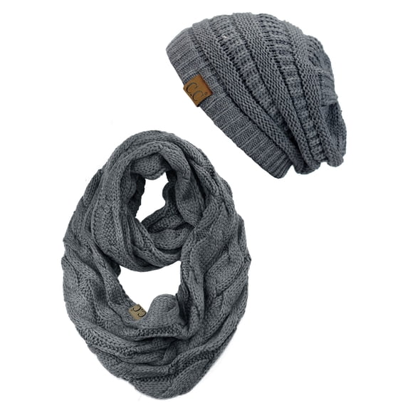 C.C Unisex Soft Stretch Chunky Cable Knit Beanie and Infinity Loop Scarf Set, Dark Melange Gray
