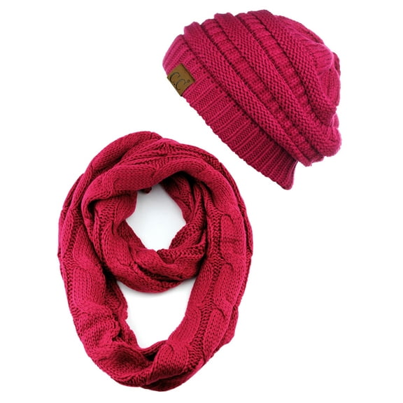 C.C Unisex Soft Stretch Chunky Cable Knit Beanie and Infinity Loop Scarf Set, Hot Pink