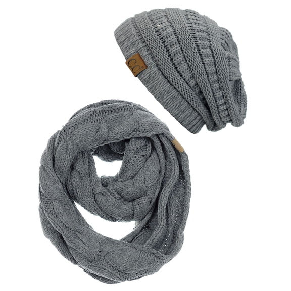 C.C Unisex Soft Stretch Chunky Cable Knit Beanie and Infinity Loop Scarf Set, Light Melange Gray