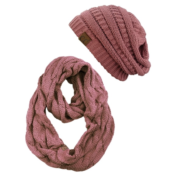 C.C Unisex Soft Stretch Chunky Cable Knit Beanie and Infinity Loop Scarf Set, Mauve