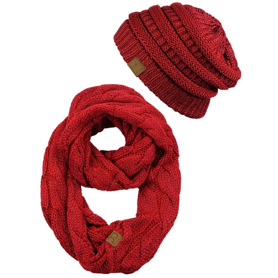 C.C Unisex Soft Stretch Chunky Cable Knit Beanie and Infinity Loop Scarf Set, Red Metallic