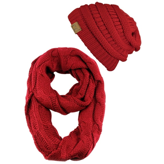 C.C Unisex Soft Stretch Chunky Cable Knit Beanie and Infinity Loop Scarf Set, Red