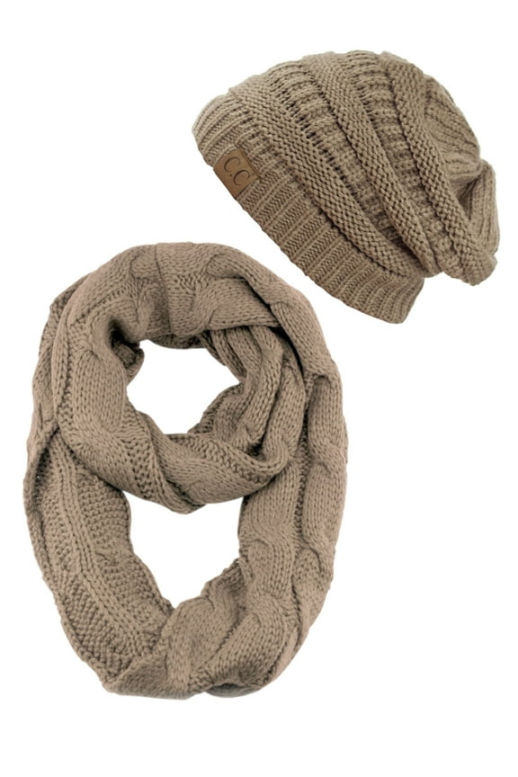 Unisex Soft Stretch Chunky Cable Knit Beanie and Infinity Loop Scarf Set, Taupe