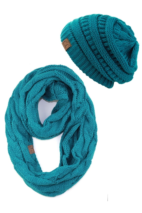 Unisex Soft Stretch Chunky Cable Knit Beanie and Infinity Loop Scarf Set, Teal