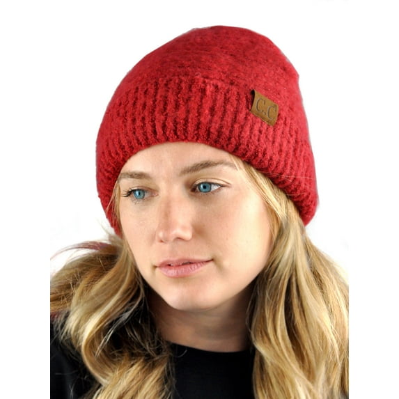 C.C Unisex Solid Color Warm Boucle Knit Skull Cap Cuff Beanie, Chili Pepper