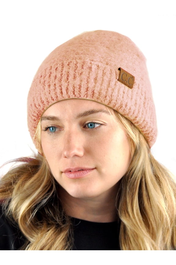 Unisex Solid Color Warm Boucle Knit Skull Cap Cuff Beanie, Rose
