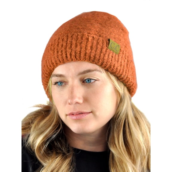 C.C Unisex Solid Color Warm Boucle Knit Skull Cap Cuff Beanie, Rust