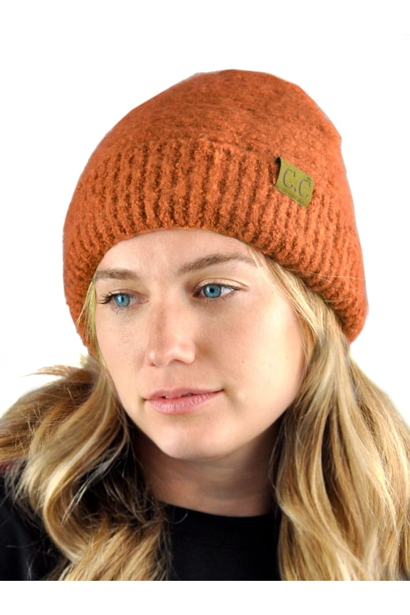 Unisex Solid Color Warm Boucle Knit Skull Cap Cuff Beanie, Rust