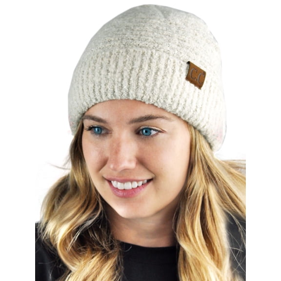 C.C Unisex Solid Color Warm Boucle Knit Skull Cap Cuff Beanie, White