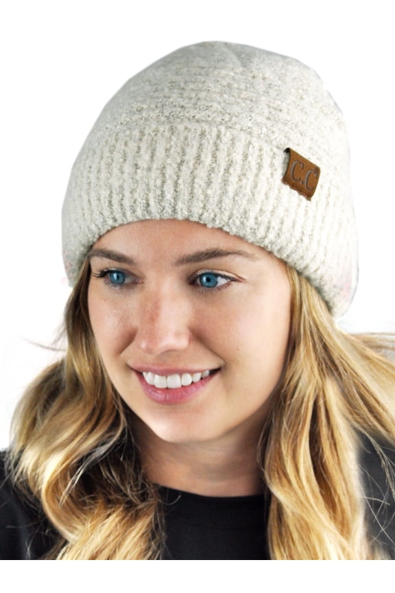 Unisex Solid Color Warm Boucle Knit Skull Cap Cuff Beanie, White