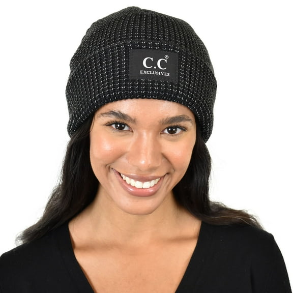 C.C Unisex Thick Winter Warm Reflective Knit Cuff Beanie, Black
