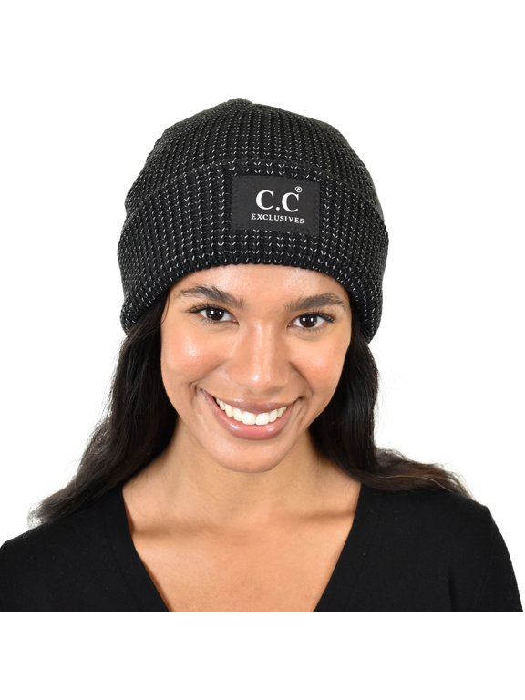 Unisex Thick Winter Warm Reflective Knit Cuff Beanie, Black