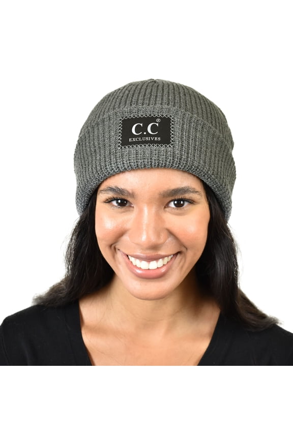 Unisex Thick Winter Warm Reflective Knit Cuff Beanie, Dark Melange Gray
