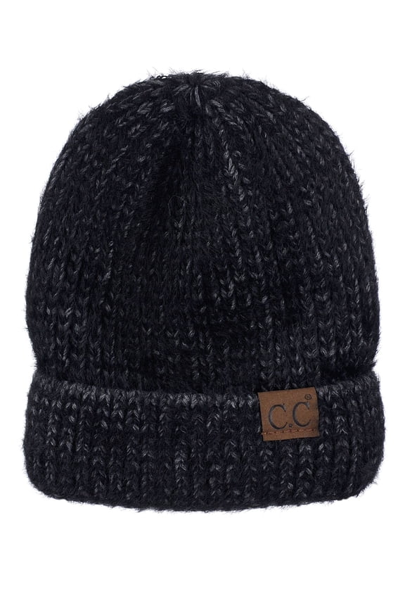 Unisex Warm Soft Fuzzy Stretchy Two Tone Knit Cuff Beanie Skull Cap, Black