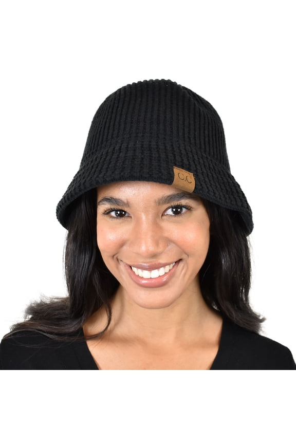 Unisex Winter Cable Knit Packable Vintage Cloche Bucket Hat, Black