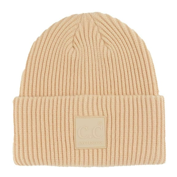 C.C Unisex Winter Thick Knit Plain Cuff Skull Cap Beanie Hat, Beige