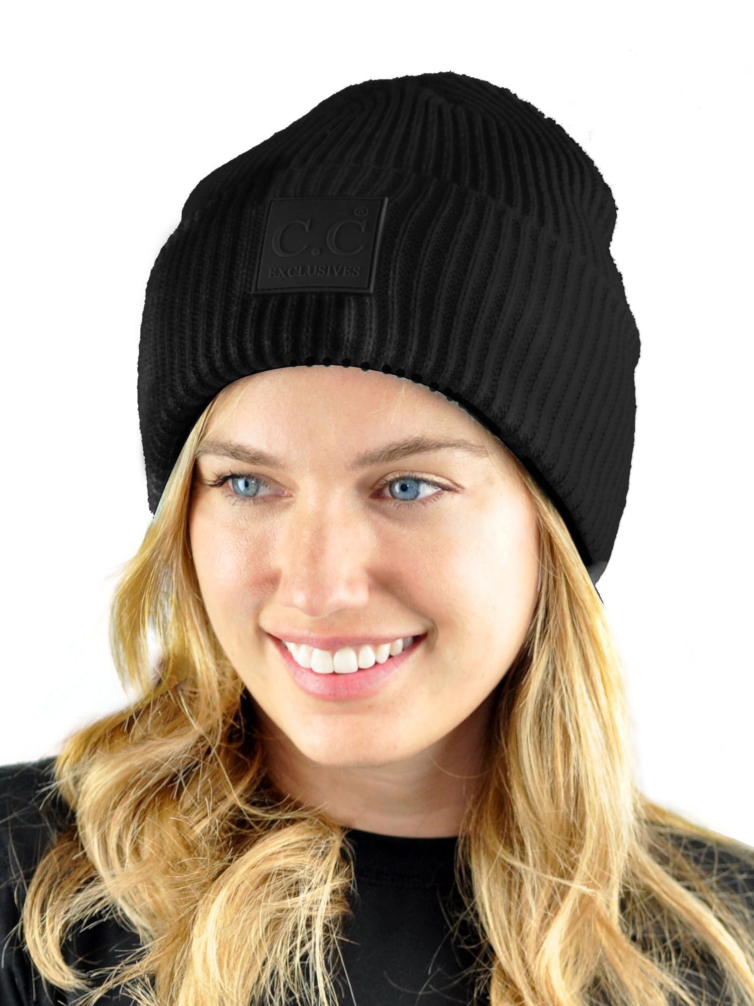 C.C Unisex Winter Thick Knit Plain Cuff Skull Cap Beanie Hat, Black