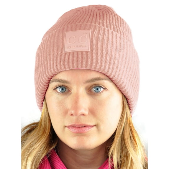 C.C Unisex Winter Thick Knit Plain Cuff Skull Cap Beanie Hat, Blush Pink