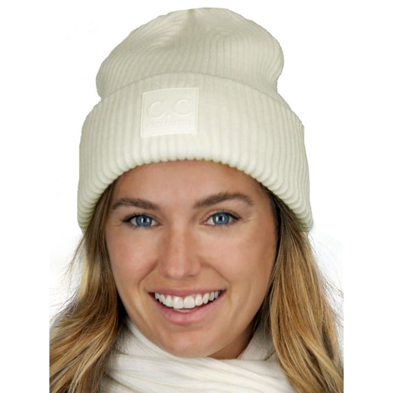 C.C Unisex Winter Thick Knit Plain Cuff Skull Cap Beanie Hat, Ivory