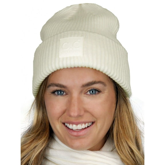 C.C Unisex Winter Thick Knit Plain Cuff Skull Cap Beanie Hat, Ivory