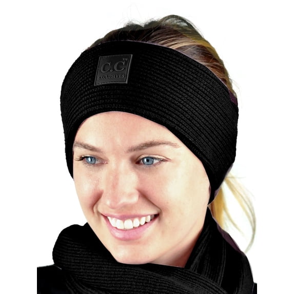 C.C Unisex Winter Thick Ribbed Knit Stretchy Plain Ear Warmer Headband, Black