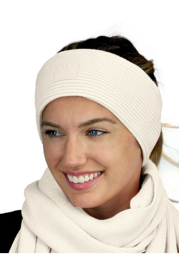 Unisex Winter Thick Ribbed Knit Stretchy Plain Ear Warmer Headband, Ivory