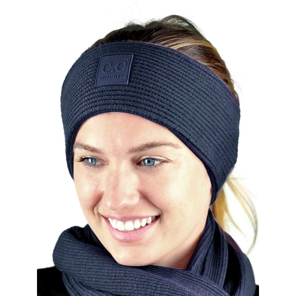 C.C Unisex Winter Thick Ribbed Knit Stretchy Plain Ear Warmer Headband, Navy