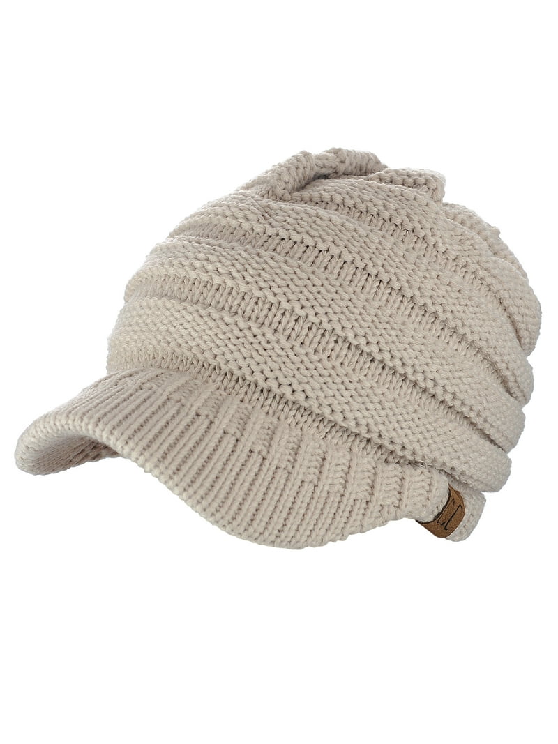 C.C Warm & Thick Cable Knitted Brim Visor Beanie Cap, Beige  display picture 1