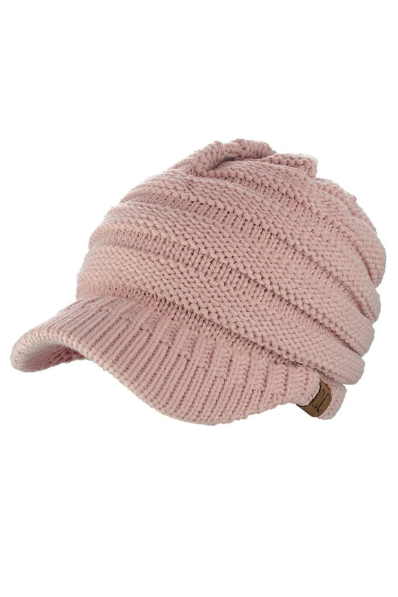 Warm & Thick Cable Knitted Brim Visor Beanie Cap, Indi Pink
