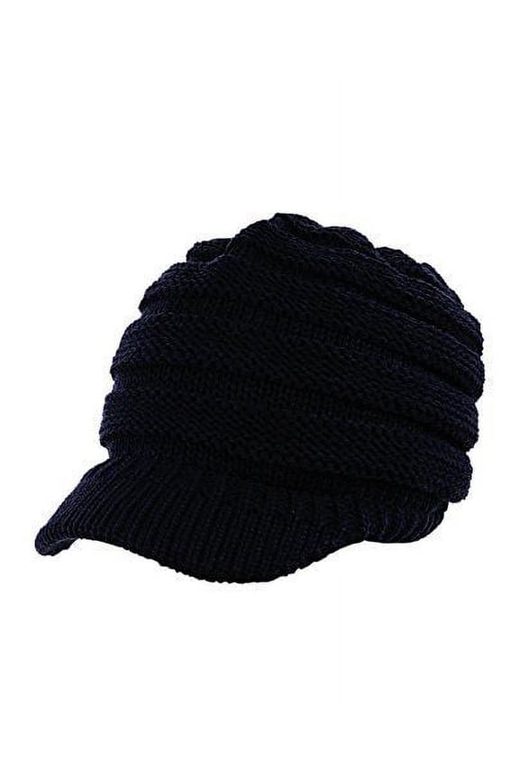 Warm & Thick Cable Knitted Brim Visor Beanie Cap, Navy