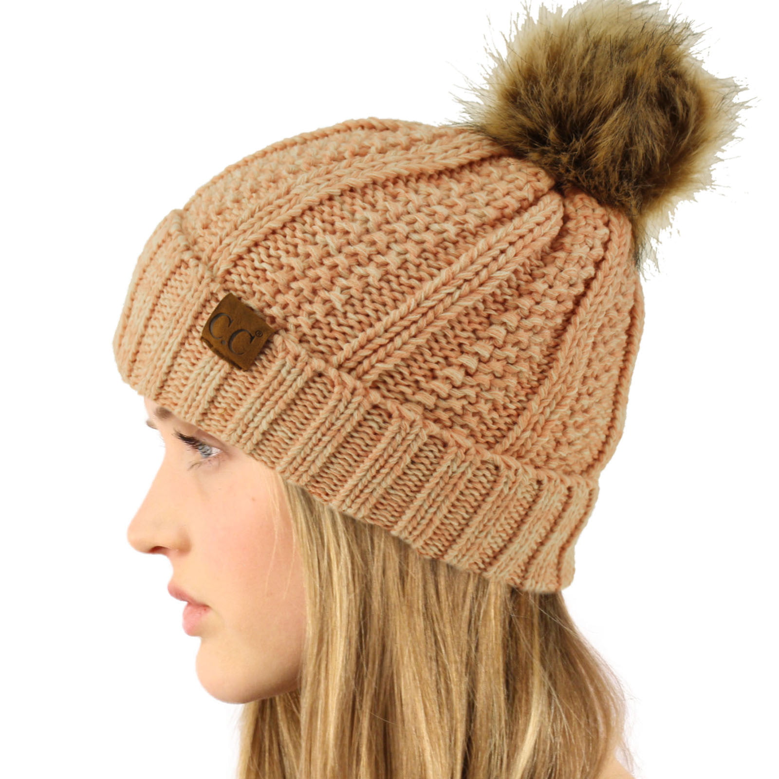 C.C Winter Sherpa Cap Hat Chunky Pink) (Mix Knit Beanie Pom Lined Fleeced Stretch Pom